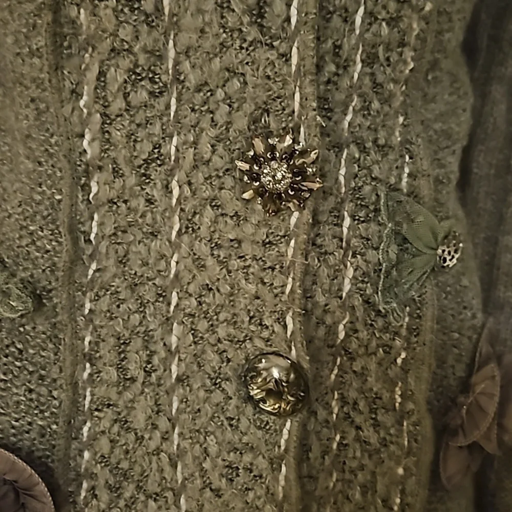 VTG FORLA PARIS 1990s Wool Fur Trim Rosette Longline Sweater Cardigan